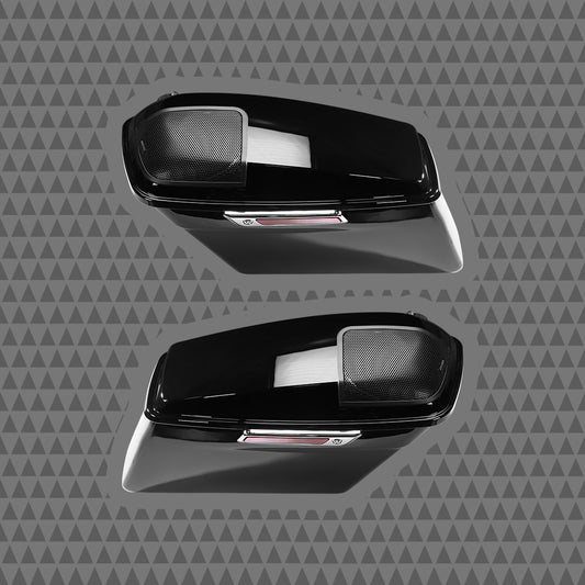 2014+ H-D® Black OEM Saddlebags W/10″ Mids Bass Rings & 6x9"Lid Kit Fully Assembled
