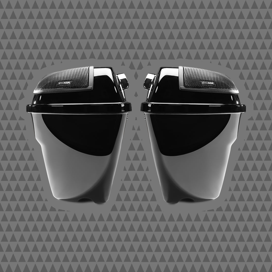 2014+ H-D® Black OEM Saddlebags W/10″ Mids Bass Rings & 6x9"Lid Kit Fully Assembled