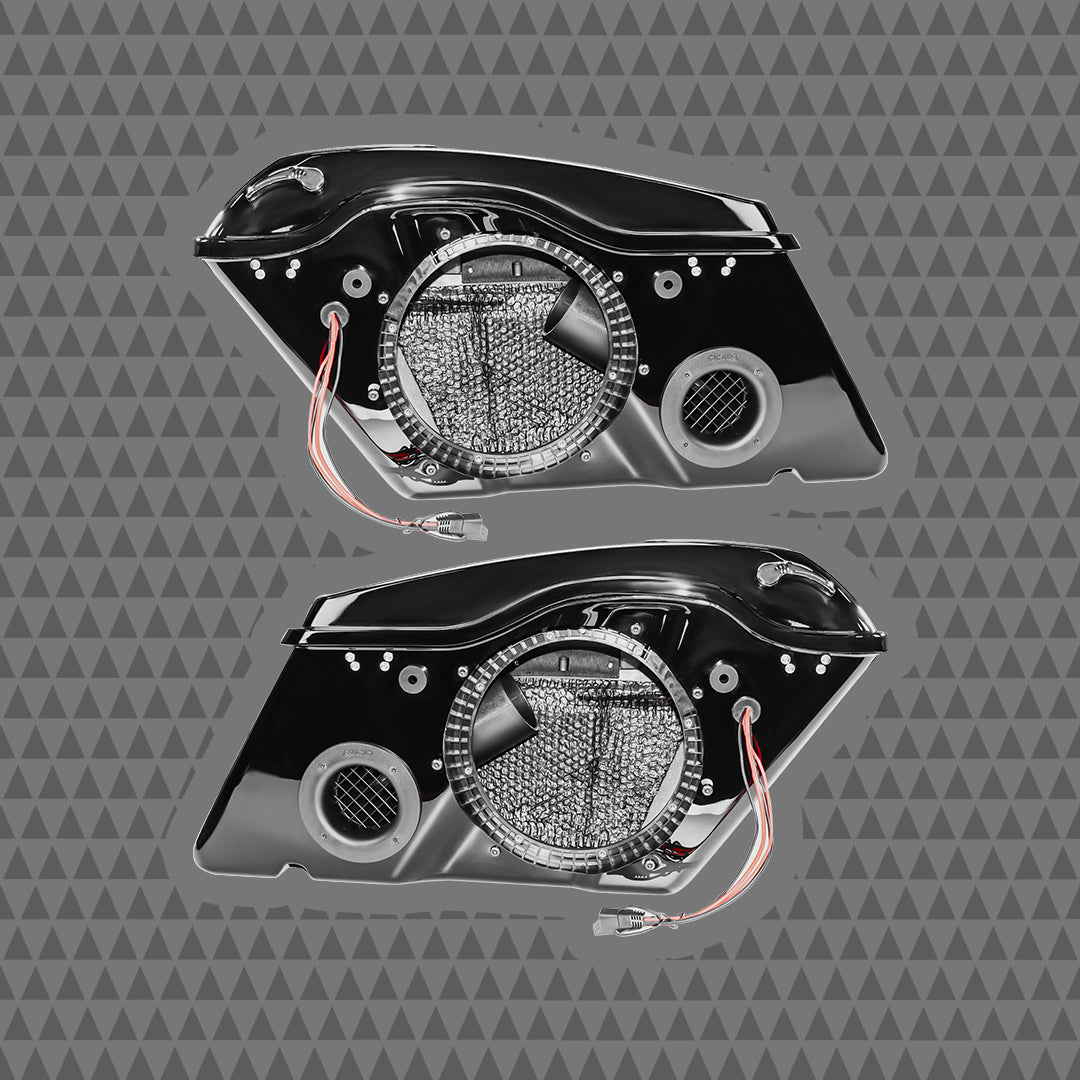 2014+ H-D® Black OEM Saddlebags W/10″ Mids Bass Rings & 6x9"Lid Kit Fully Assembled